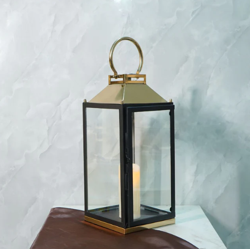 Lantern Stainless Steel & GLass Black & Gold