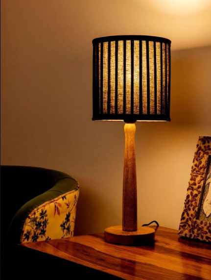 Wooden Brown Lamp with pleeted Balck Shade