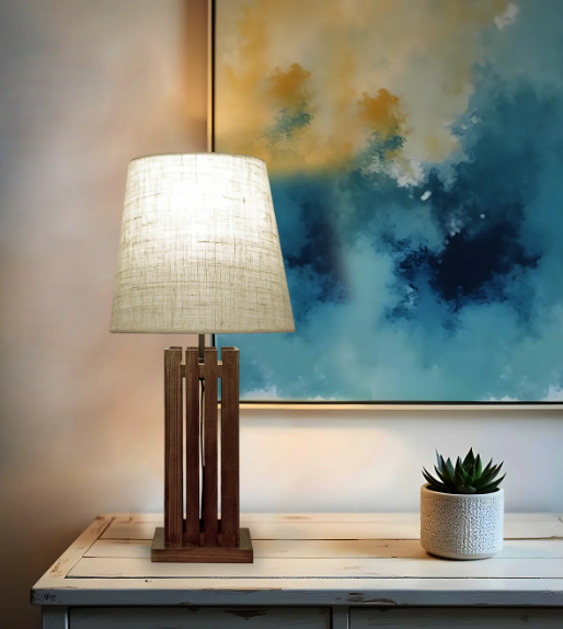 Elegant Brown Wooden Table Lamp with Black Fabric Lampshade (BULB NOT INCLUDED)