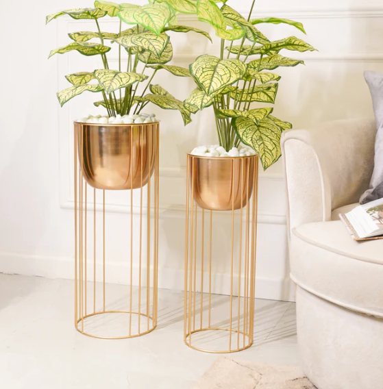 Golden Planter With Stand, Set of 2