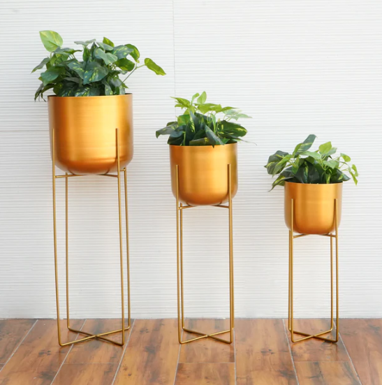 Metal Planters In Gold With Stand, Set Of 3