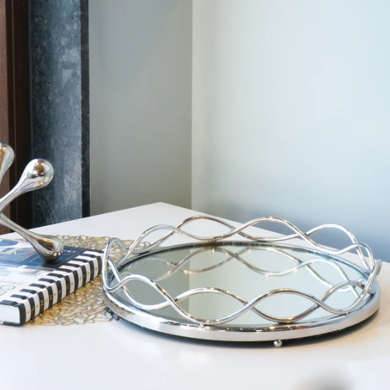 Round Brillo Mirror Glass SS Tray, Silver