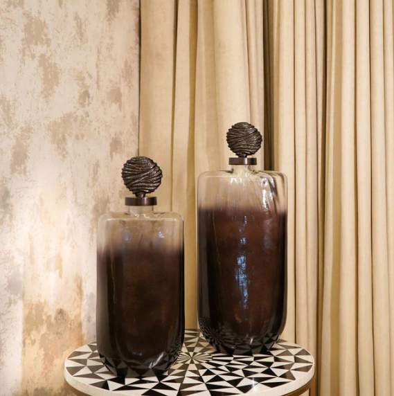Grey & Black Textured Glass Décor Piece with Ornamental Lid, set of 2