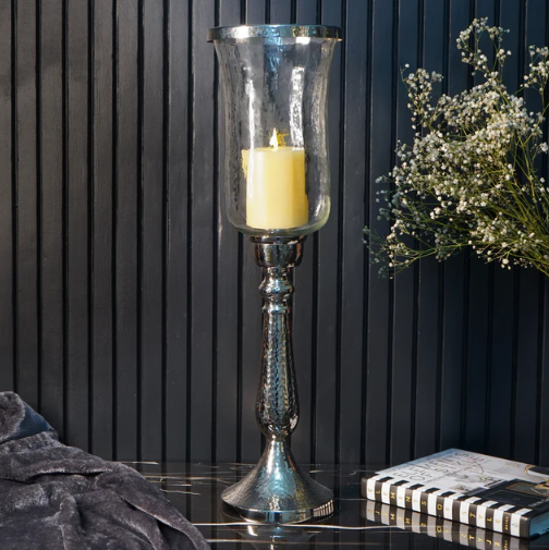 Silver Hammered Vintage Candle Holder, Large