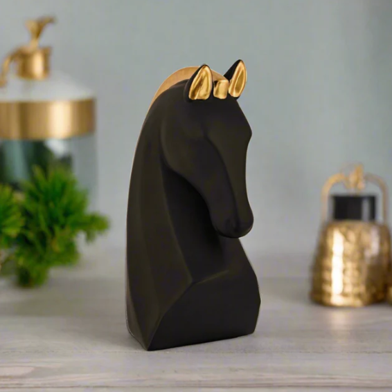 Black & Gold Steed Horse Polyresin Figurine with White Base