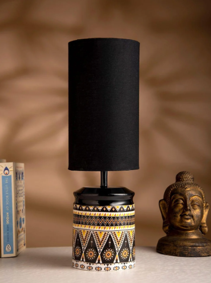 Metal Linear Art Printed Lamp with Solid Black Shade