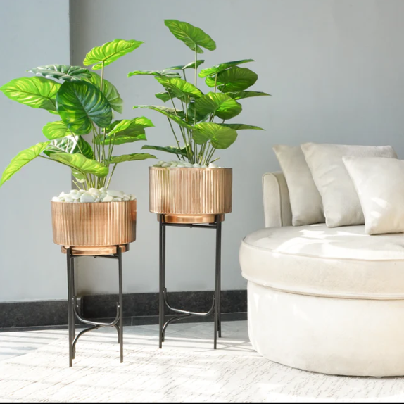 Antique Gold Fluted Planters with Stand, Set of 2