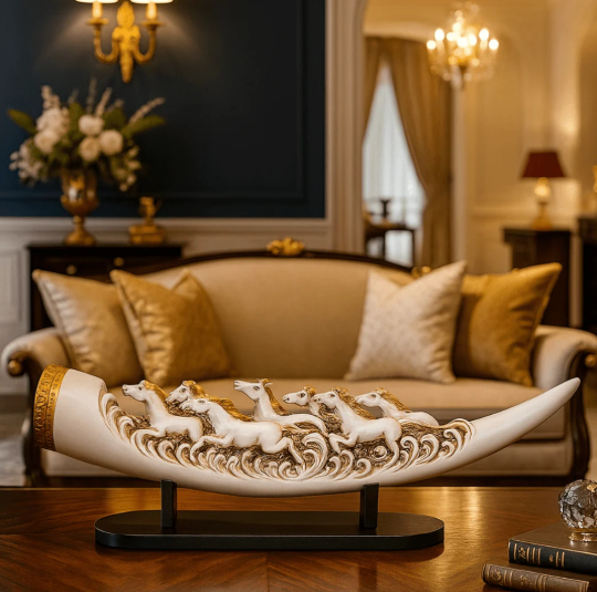 Eight Running Horses Carved In Tusk | Feng Shui Table Accent