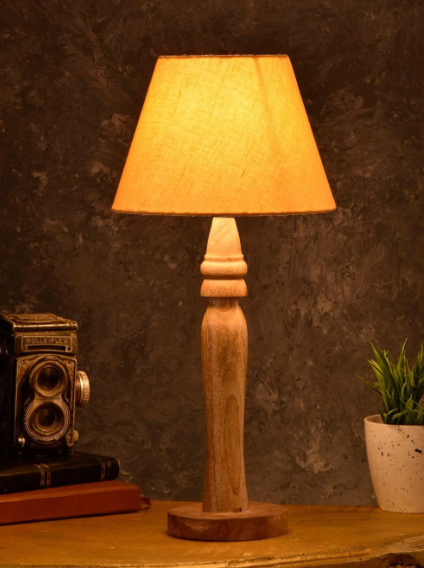 Round Brown Lamp with Taper Yellow Cotton Shade