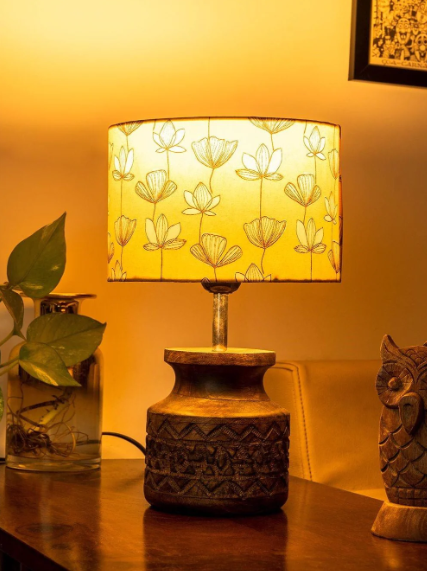 Wooden Carved Lamp with Mustard Flora Multicolor Shade