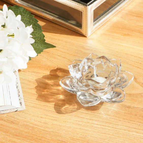 Clear Silver Lotus Glass Tealight Candle Holder
