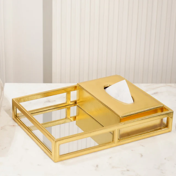 Gold Vegan Leather Decor Tray with Mirror Base