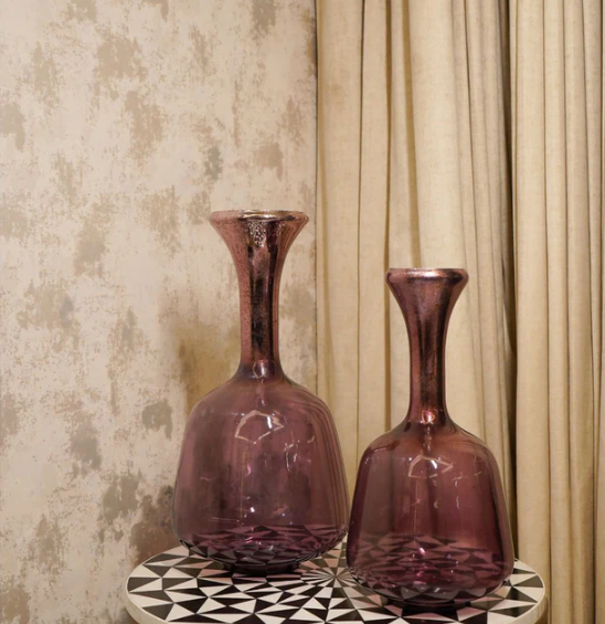 Purple Glass Surahi Decorative Vase, set of 2