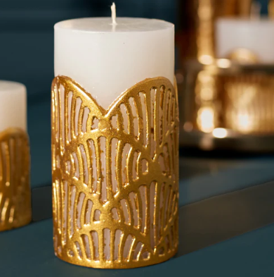 Crackle Jali Pillar Candle In Gold, Large