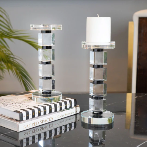 Crystal Stacked Cubes Candle Holder, Black & Clear