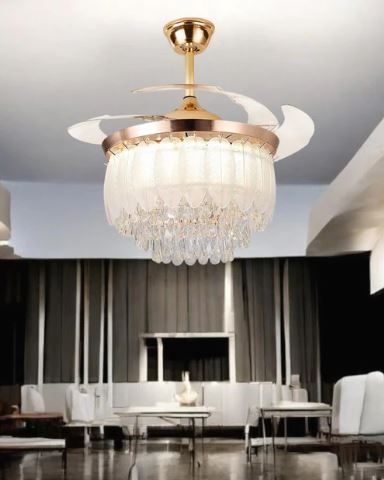 Crystal Leaf Retractable Ceiling Fan + Chandelier Light (with Remote Control)