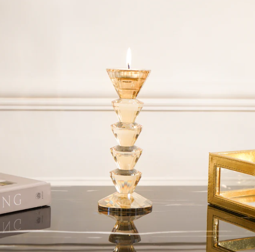 Dual Side Crystal Tapered Candle Holder, Tinted Gold