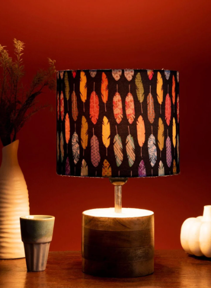 Wooden Brown Log Lamp with Colorful Feathers Shade