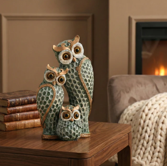 The Loving Owl Family Statue (Green)