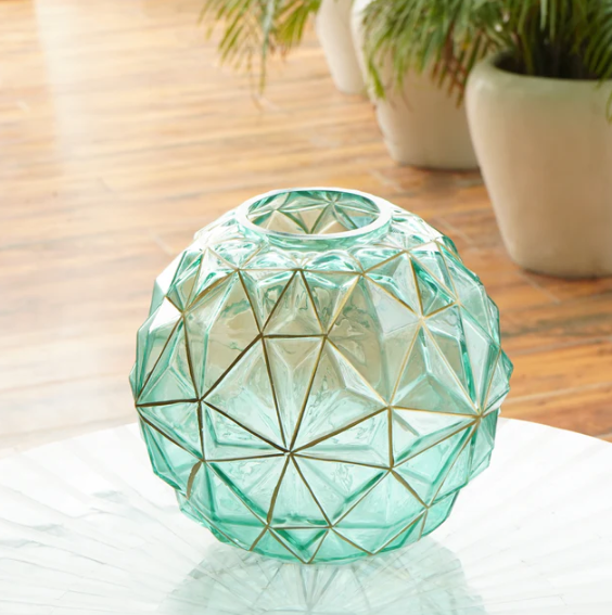 Diamond Cut Green Glass Vase with Golden Highlights, Small
