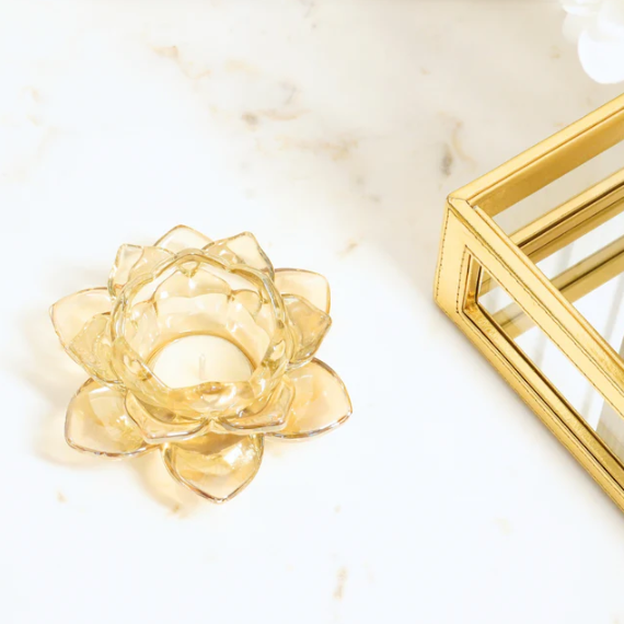 Gold Lotus Glass Tealight Candle Holder