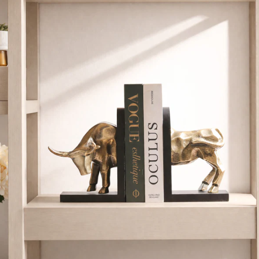 Fighting Bull Metal Bookends, Set of 2 - Gold Black