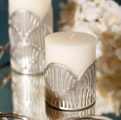 Crackle Jali Pillar Candle In Silver, Small