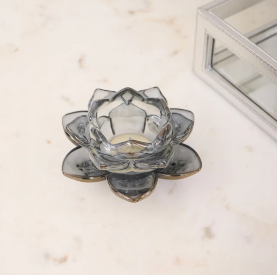 Grey Blue Lotus Glass Tealight Candle Holder
