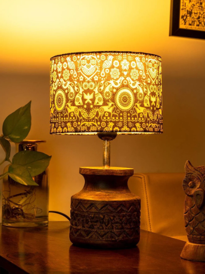 Wooden Carved Lamp with Indian Art Multicolor Shade
