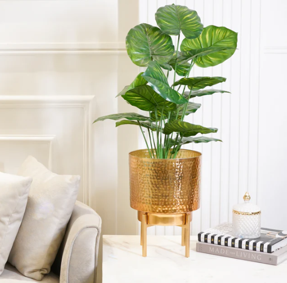 Golden Hammered Planter With Stand