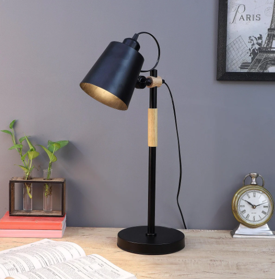Modern Nordic Wood & Metal Study Lamp With Black Base By Ss Lightings