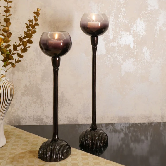 Grey & Black Ombre Tall Metal Glass Candle Holders, set of 2