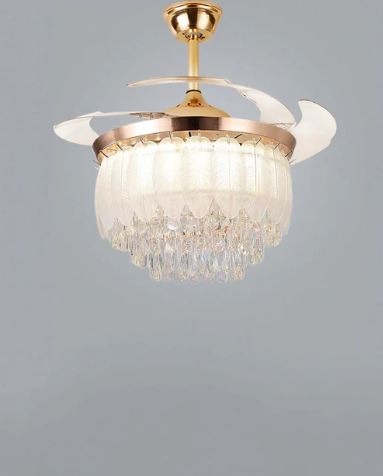 Crystal Leaf Retractable Ceiling Fan + Chandelier Light (with Remote Control)