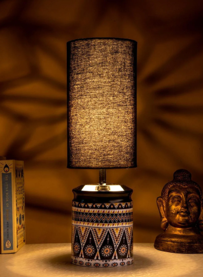 Metal Linear Art Printed Lamp with Solid Black Shade