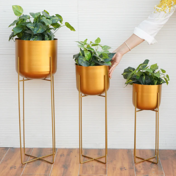 Metal Planters In Gold With Stand, Set Of 3