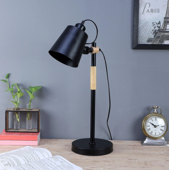 Modern Nordic Wood & Metal Study Lamp With Black Base By Ss Lightings