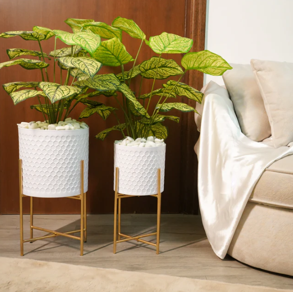 White Textured Planters with Stand, Set of 2