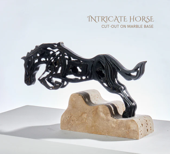Intricate Metal Running Horse Cut-Out on Marble Base