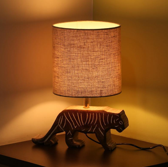 'Tiger Panthera'' Handcarved Table Lamp In Mango Wood