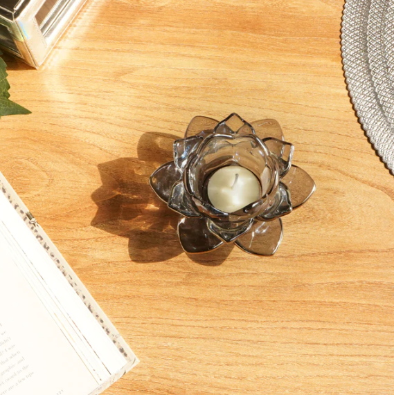 Grey Blue Lotus Glass Tealight Candle Holder