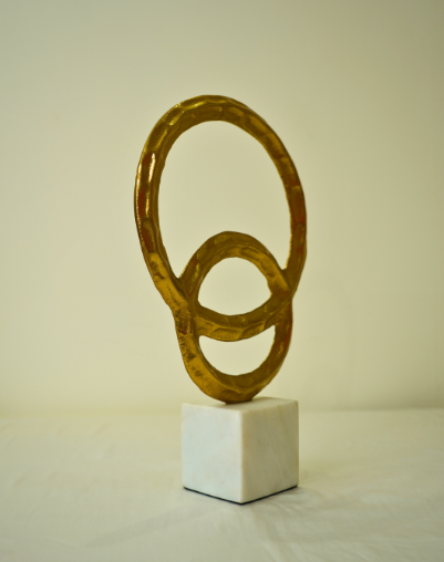 Abstract Golden Metal Art Sculpture with Marble Base