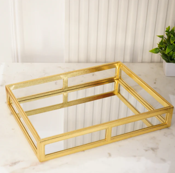 Gold Vegan Leather Decor Tray with Mirror Base