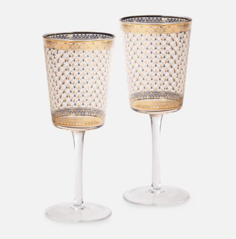Set of 2 Clear Criss Cross Printed Wine Glasses