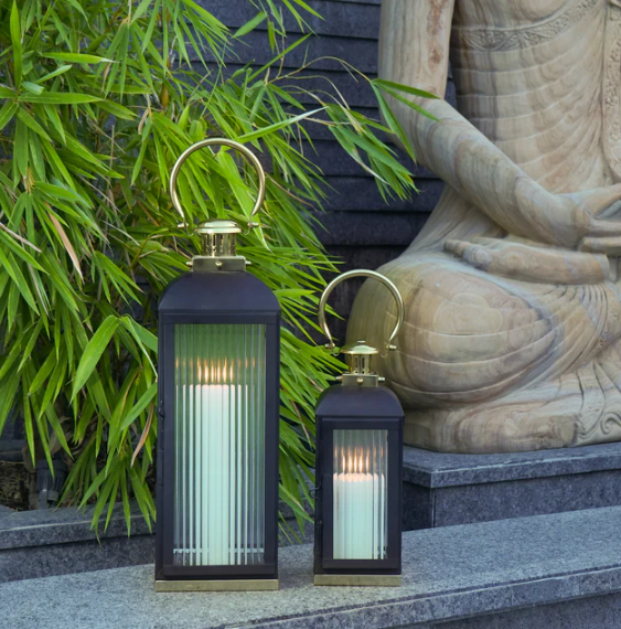 Large Stainless Steel Lantern, Black and Gold