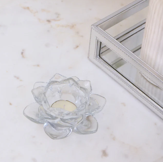 Clear Silver Lotus Glass Tealight Candle Holder