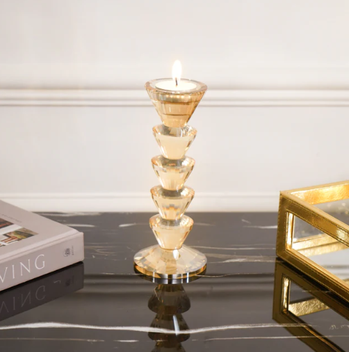 Dual Side Crystal Tapered Candle Holder, Tinted Gold