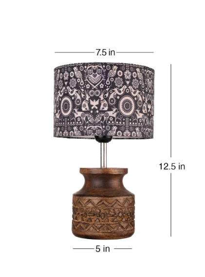 Wooden Carved Lamp with Indian Art Multicolor Shade