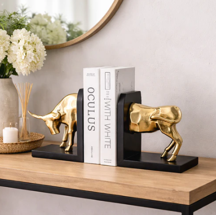 Fighting Bull Metal Bookends, Set of 2 - Gold Black