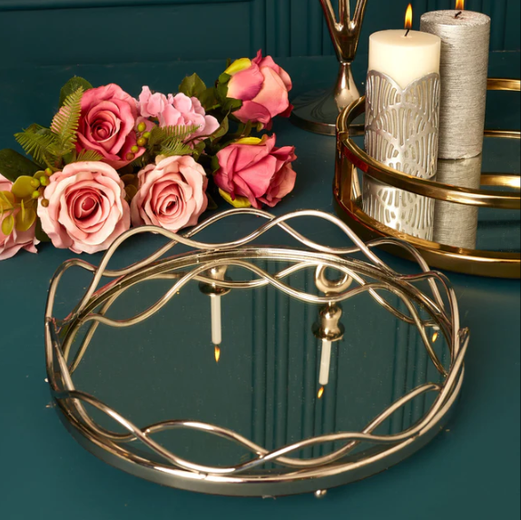 Round Brillo Mirror Glass SS Tray, Silver