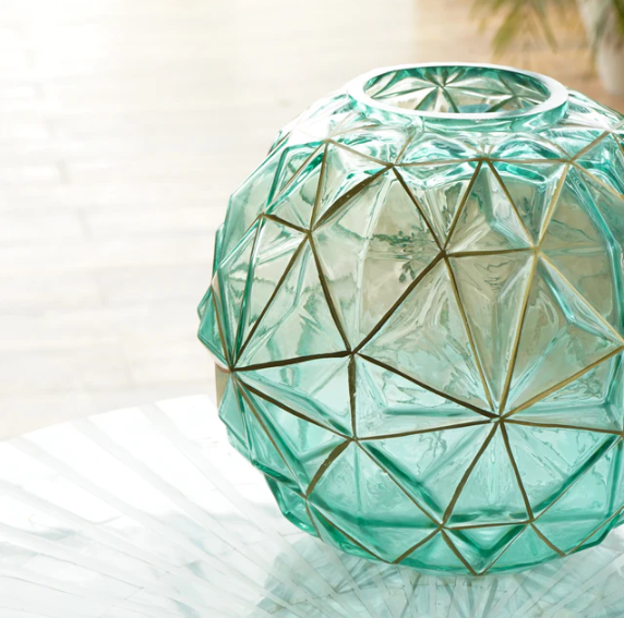 Diamond Cut Green Glass Vase with Golden Highlights, Small